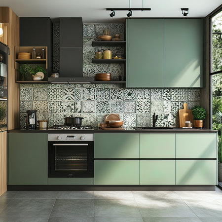 Kitchen interior design with black and green furniture. 3d renderの写真素材