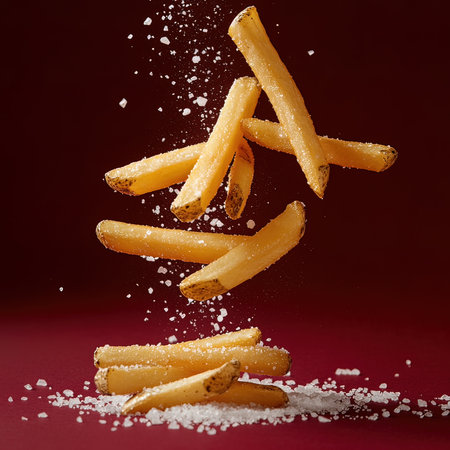 Flying french fries with salt on red background. Fast food concept.