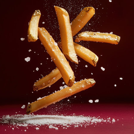 Falling french fries with salt on red background. Fast food conceptの写真素材