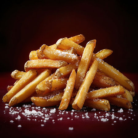 french fries with sugar on dark background, close up, squareの写真素材