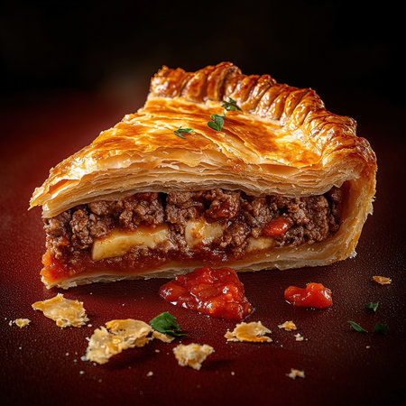 Puff pastry with meat and tomato sauce on a dark background.の写真素材