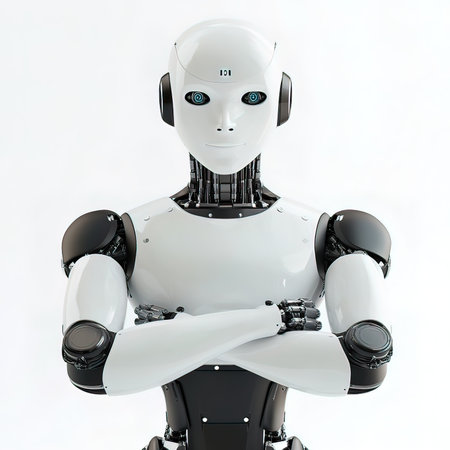 3d rendering humanoid robot with crossed arms isolated on white background.の写真素材