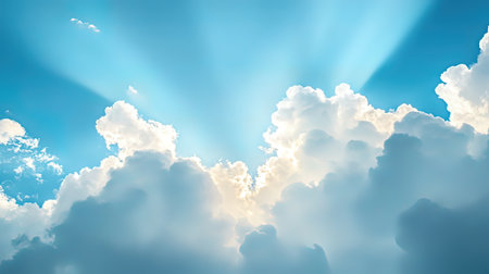 Blue sky background with white clouds and sun rays. 3d rendering