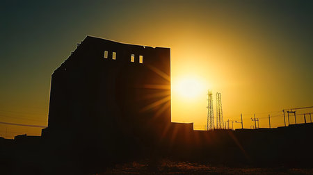Silhouette of a factory building against a sunset sky background.の写真素材