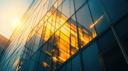Modern office building with glass facade and sunlight. Architectural detail of modern building.の写真素材