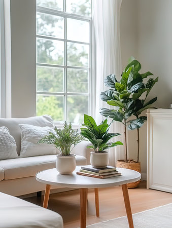 interior of living room with white sofa, coffee table and plantsの写真素材