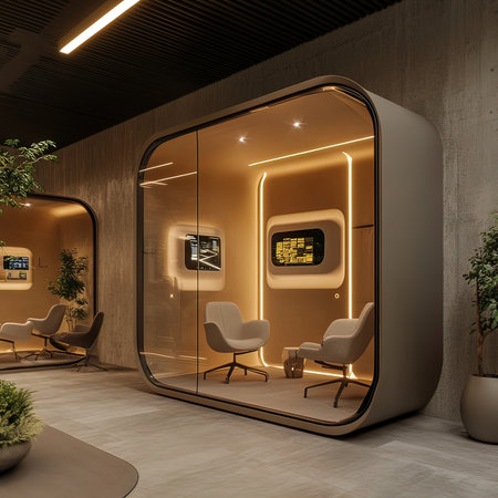 Interior of modern office lobby with reception desk and armchairs. 3d renderの写真素材