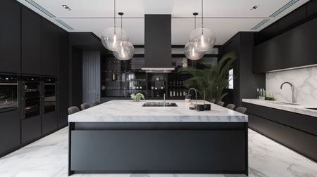 3d Illustration of black modern kitchen in a house with a beautiful designの写真素材