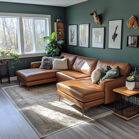 Interior of modern living room with brown leather sofa 3d renderの写真素材