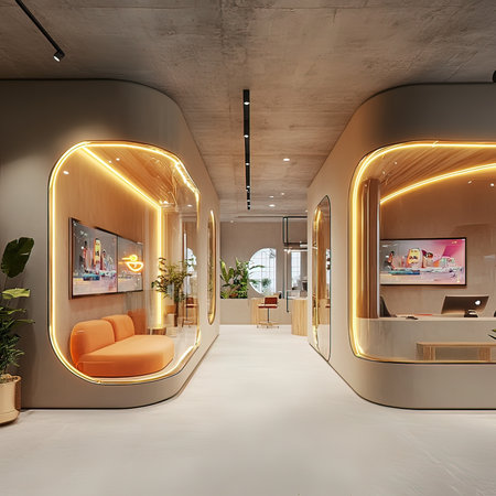Interior of a modern office with reception desk and orange chair. 3d renderの写真素材