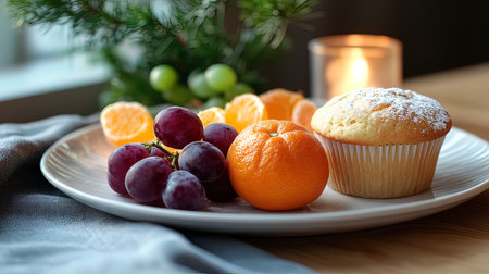 Muffins with grapes and tangerines on a wooden tableの写真素材