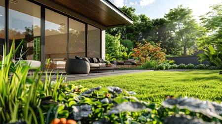 Outdoor garden of modern house with beautiful landscaping. 3d renderingの写真素材
