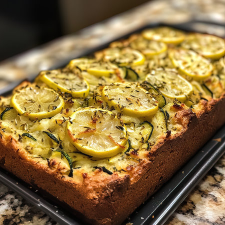 Zucchini tart with lemon slicesle table. Square imageの写真素材