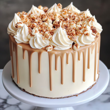 White chocolate cake with whipped cream and walnuts on white cake standの写真素材