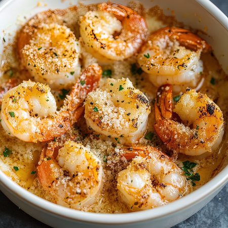 Baked Prawns with Garlic and Parmesan Cheese in a Bowl.の写真素材