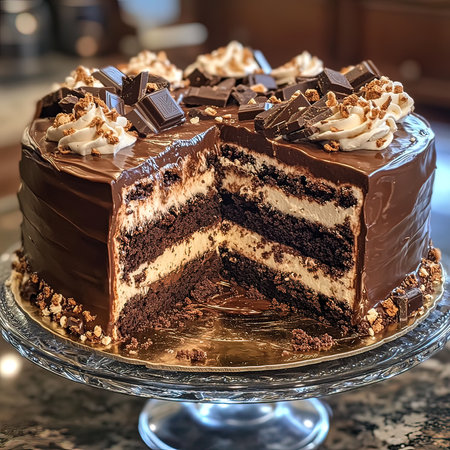 Chocolate cake with whipped cream and chocolate shavings on top
