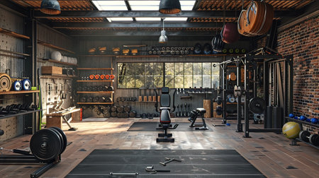 3d rendering of a gym room with sport equipment in the backgroundの写真素材