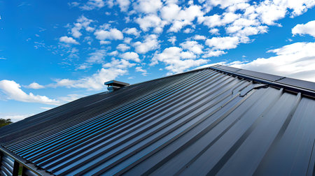 Solar panels on the roof of a modern house against the blue skyの写真素材