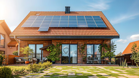 Modern house with solar panels installed on roof. Renewable energy concept.の写真素材