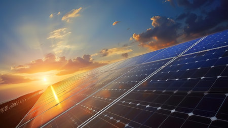 solar energy at sunset, solar panels, photovoltaicの写真素材