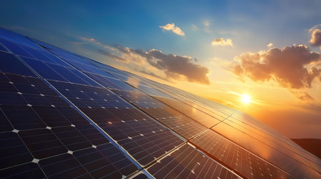 solar energy panels on sunset background, photovoltaic cellsの写真素材