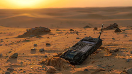 3d rendering of a radio in the desert at sunset time.の写真素材