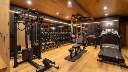 Interior of a modern fitness hall with sport equipment. Nobody insideの写真素材
