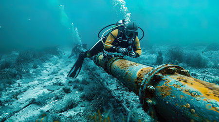 Scuba diver looking at the bottom of a rusty pipe underwater.の写真素材