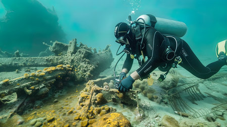 Scuba diver exploring an old shipwreck on a tropical coral reefの写真素材
