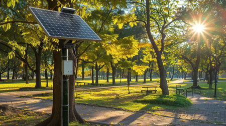 Solar panels in the park with sunbeams shining through the treesの写真素材