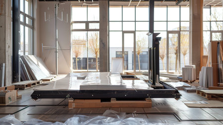 Interior of a modern building with a wooden floor and a large windowの写真素材