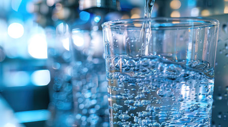 Pouring water into a glass with blurred background, shallow depth of fieldの写真素材