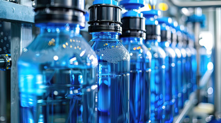 Bottles of water on a conveyor belt in a modern factoryの写真素材