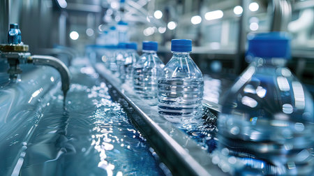 Bottle of water on a conveyor belt in a modern factoryの写真素材