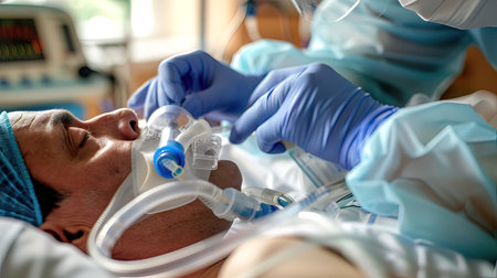 Patient with oxygen mask in the operating room at the hospital.の写真素材