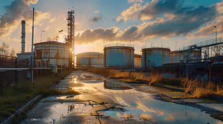 Oil refinery at sunset. Panoramic view of oil storage tanks.の写真素材
