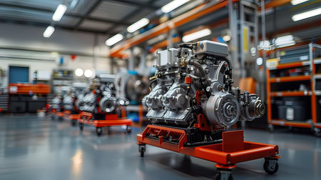 Car engine in the warehouse. Automotive industry. Industrial background.の写真素材