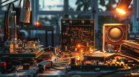 Electronic circuit board with electronic components in the laboratory at night.