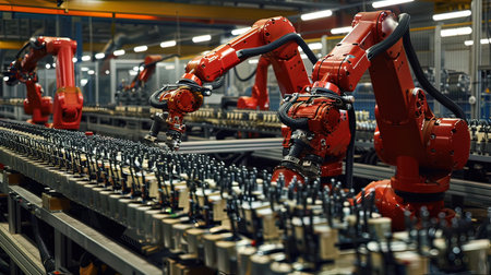 Production line of the robot arm factory. Industrial robot arm production lineの写真素材