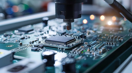 Microscope and microcircuit close-up. Microprocessor and microcircuitの写真素材