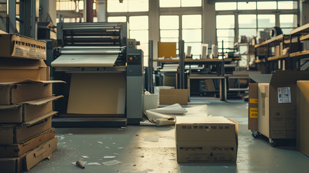 Messy office interior with lots of cardboard boxes and conveyor beltの写真素材