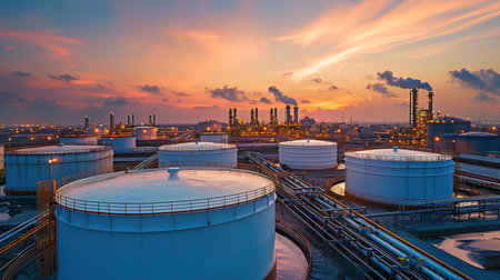 Oil refinery plant at sunset, petrochemical industry in Europe.の写真素材