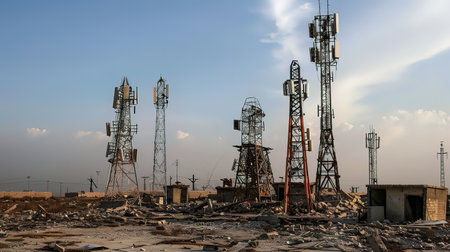 Crane and transmission tower in the construction site with blue sky backgroundの写真素材