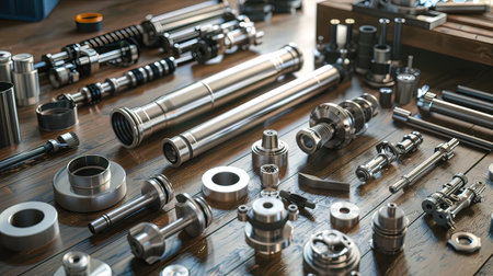 Metal parts and tools on a wooden table. 3d rendering.の写真素材