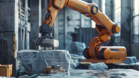 3d rendering robotic arm working on building construction site. Smart industry 4.0 conceptの写真素材