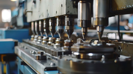 The CNC milling machine cutting the metal parts. The hi-technology automotive part manufacturing...