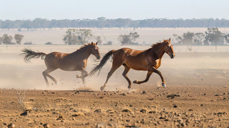 two horses run gallop in the steppe on a sunny dayの写真素材