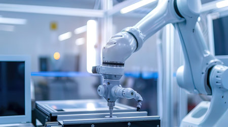 Robotic arm working in modern factory, industry 4.0 concept