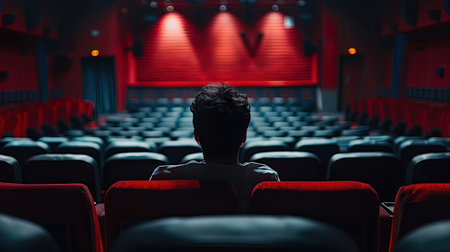 Rear view of man watching movie in cinema hall with red seatsの写真素材
