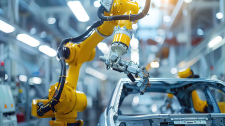 Automation manufacturing robot arm in factory production line. Concept of artificial intelligence for industrial revolution and automation manufacturing process.の写真素材